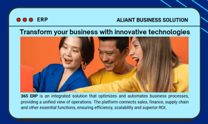 Aliant’s 365 ERP is an innovative platform that automates business processes, optimizes resources, and boosts operational efficiency. Discover how to digitally transform your business.