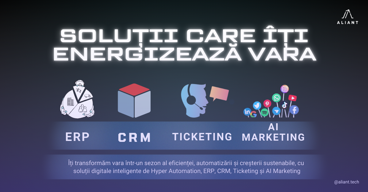 Vrei performanțe! Aliant oferă soluții digitale inteligente de HA și ERP, CRM, Ticketing și AI Marketing pentru eficiență, control și creștere susținută. #Aliant #TransformareDigitală #AutomatizareInteligentă #HyperAutomation #ERP #CRM #Ticketing #MarketingAI #Productivitate #Inovație #VaraDigitală #SuccesFărăVacanță #TehnologiePentruBusiness